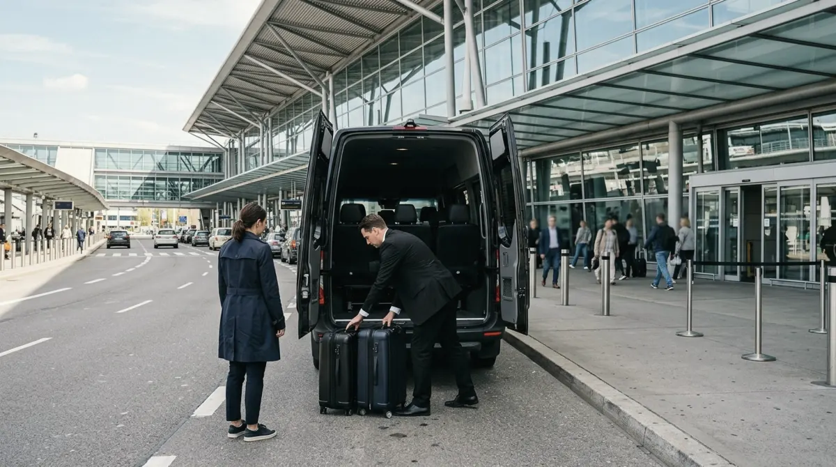 A chauffeur in a dark suit handling two suitcases at the open rear of a black van at an airport departures curb