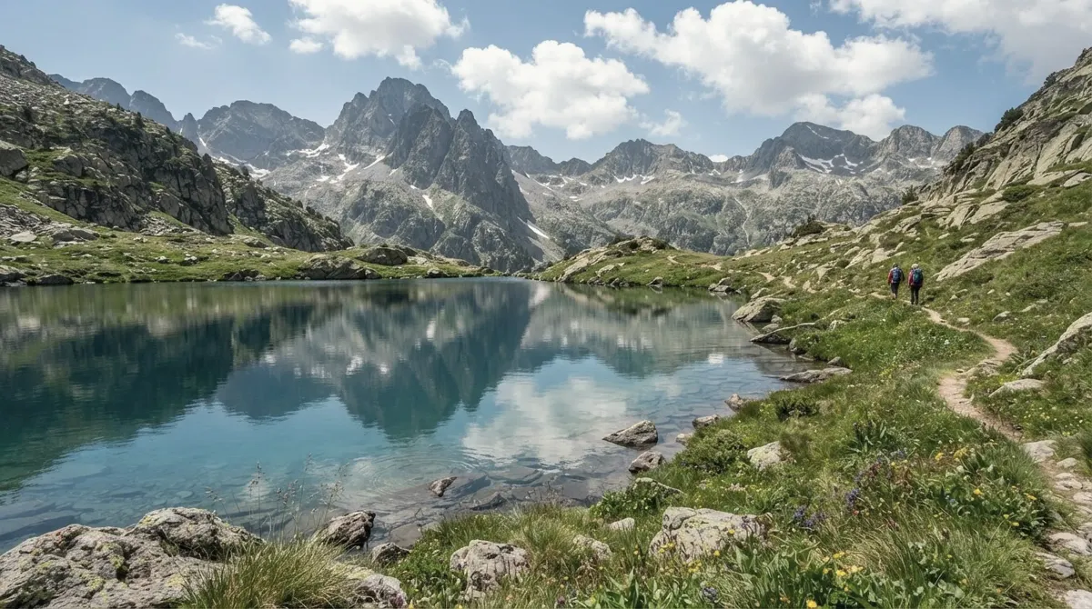 A clear mountain lake reflecting granite peaks and clouds, with a path along the green shore and two hikers in the distance