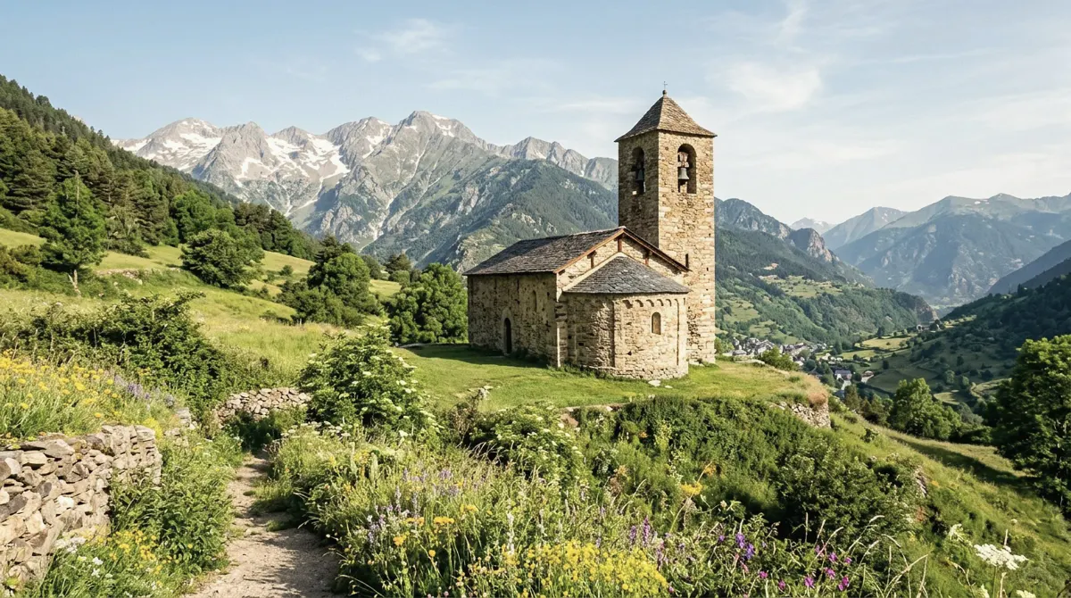 A small Romanesque stone church with a square bell tower on a green slope below Pyrenean peaks