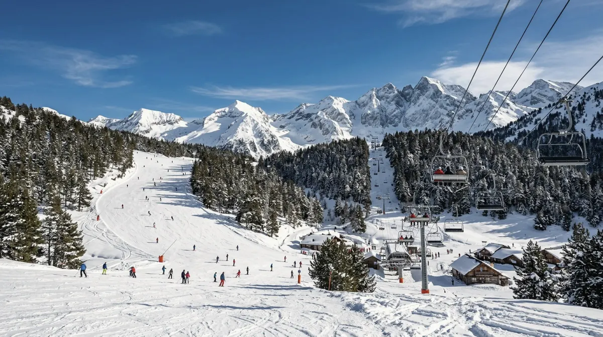 A ski slope with a chairlift climbing over fresh snow, skiers on the piste and wooden chalets among pine trees