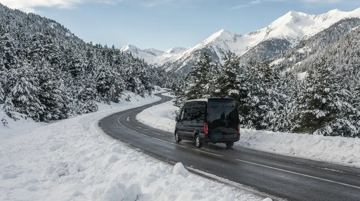 A black van on a cleared mountain road between snow-covered pine trees and banks of snow
