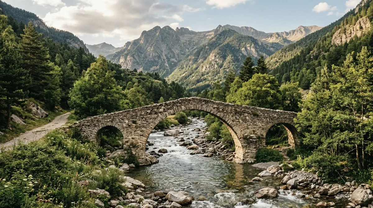 An old arched stone bridge over a clear mountain river in a green valley, with forested slopes and rocky peaks behind