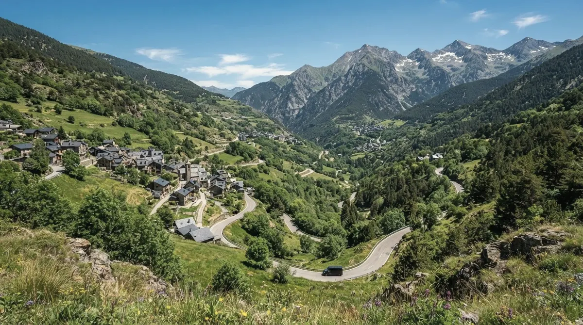 A green Andorran valley in summer with a stone village on the slope and a winding road below snow-streaked peaks