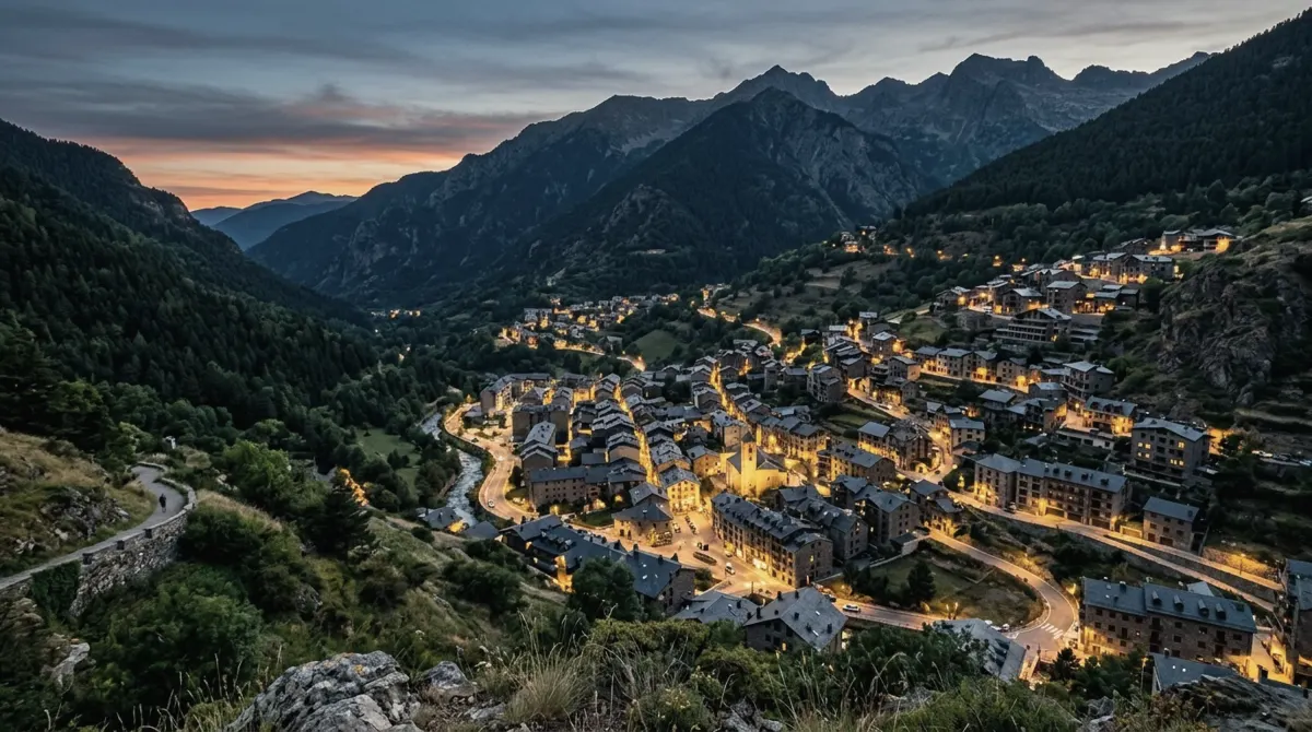 A town of stone and slate buildings along a river in an Andorran mountain valley below steep forested mountains