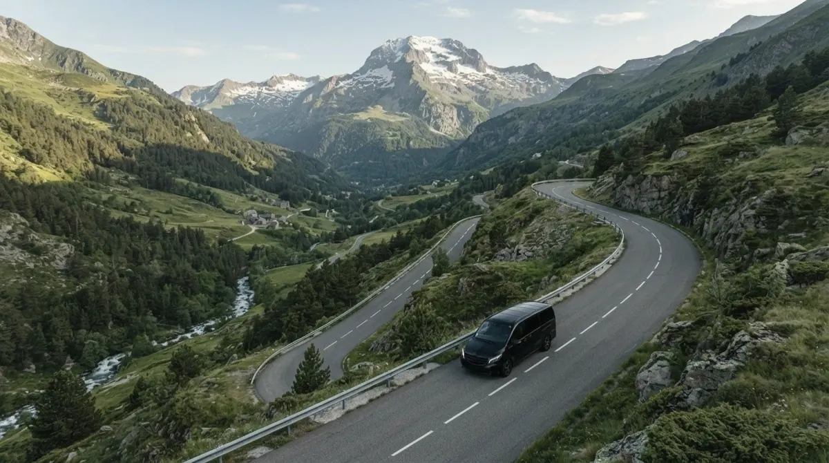 A black van on a winding mountain road through a green Pyrenean valley with pine forest and snow-capped peaks