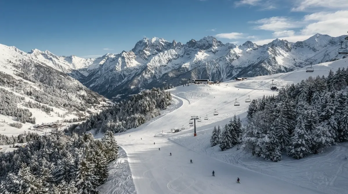 A ski area with groomed slopes, a chairlift and a few skiers among snowy pine trees below jagged peaks