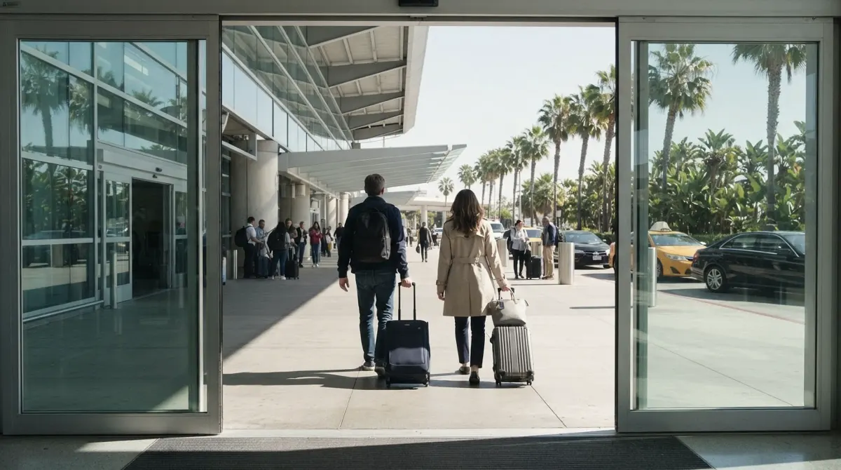 Two travelers with rolling suitcases walking out of an airport terminal toward a curb lined with palm trees