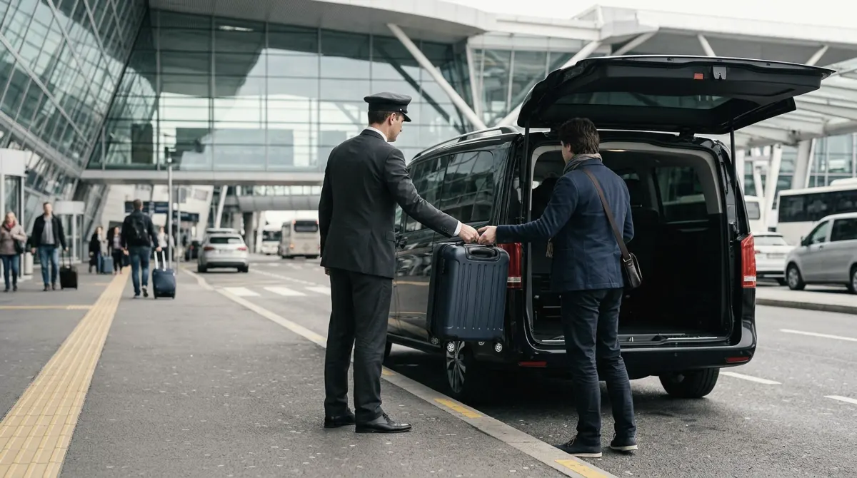 A driver handing a rolling suitcase to a traveler at the departures curb of a glass terminal beside a black van