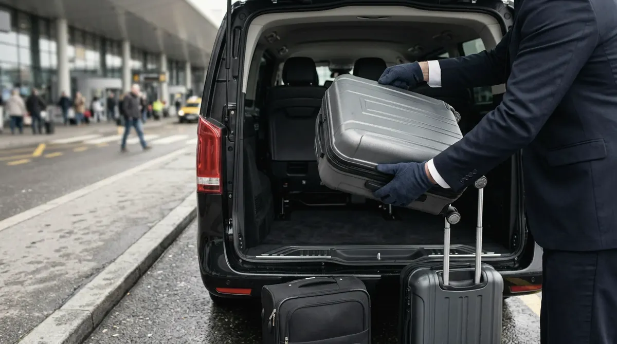 A driver in a dark suit lifting a silver suitcase into the open back of a black van at an airport curb