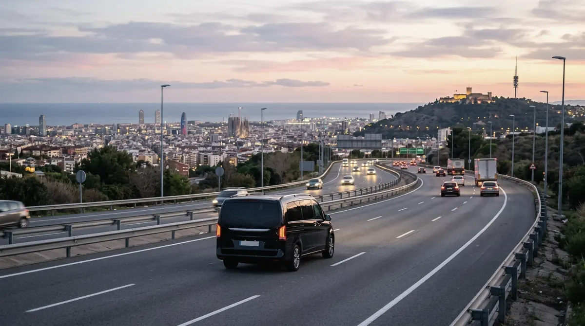 A black van on a motorway toward Barcelona, with Montjuïc hill, the city and the sea ahead