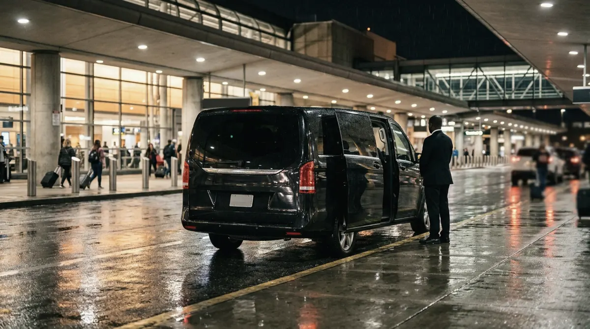 A black van at an airport terminal curb at night, its driver standing beside the open side door