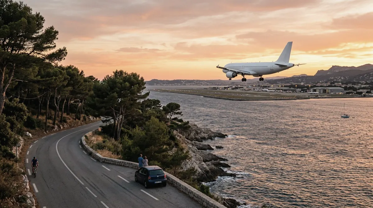 A white passenger jet descending over the sea toward a coastal runway, above a winding seaside road