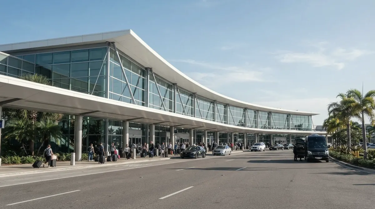 A large modern airport terminal with a long curved glass facade and a canopy over a departures road lined with palms