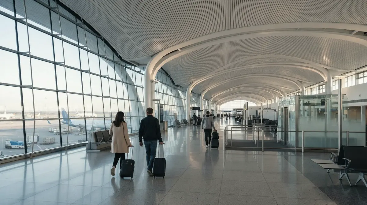 A bright airport departures hall with a curved white ceiling and glass walls, travelers pulling suitcases across the floor