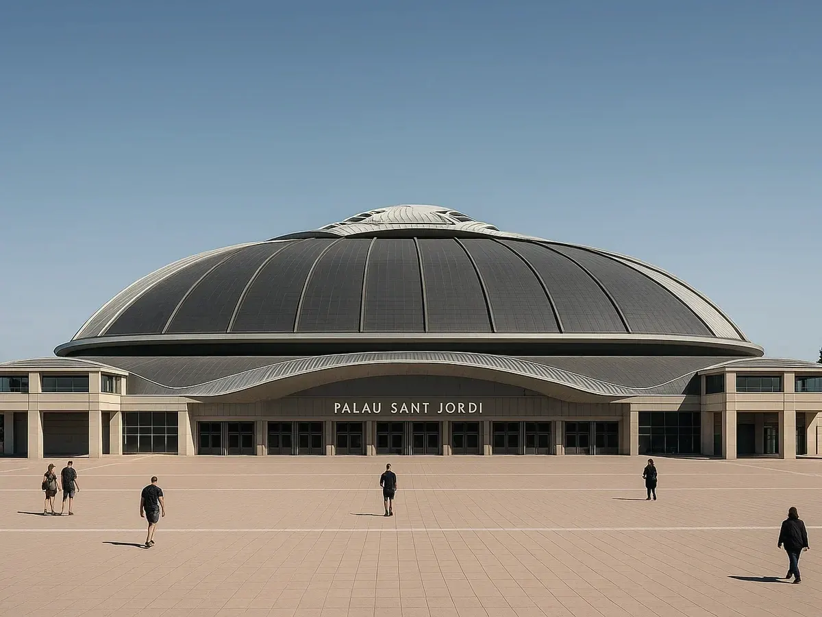 The domed Palau Sant Jordi arena on Montjuïc on a clear day with a few people on the plaza