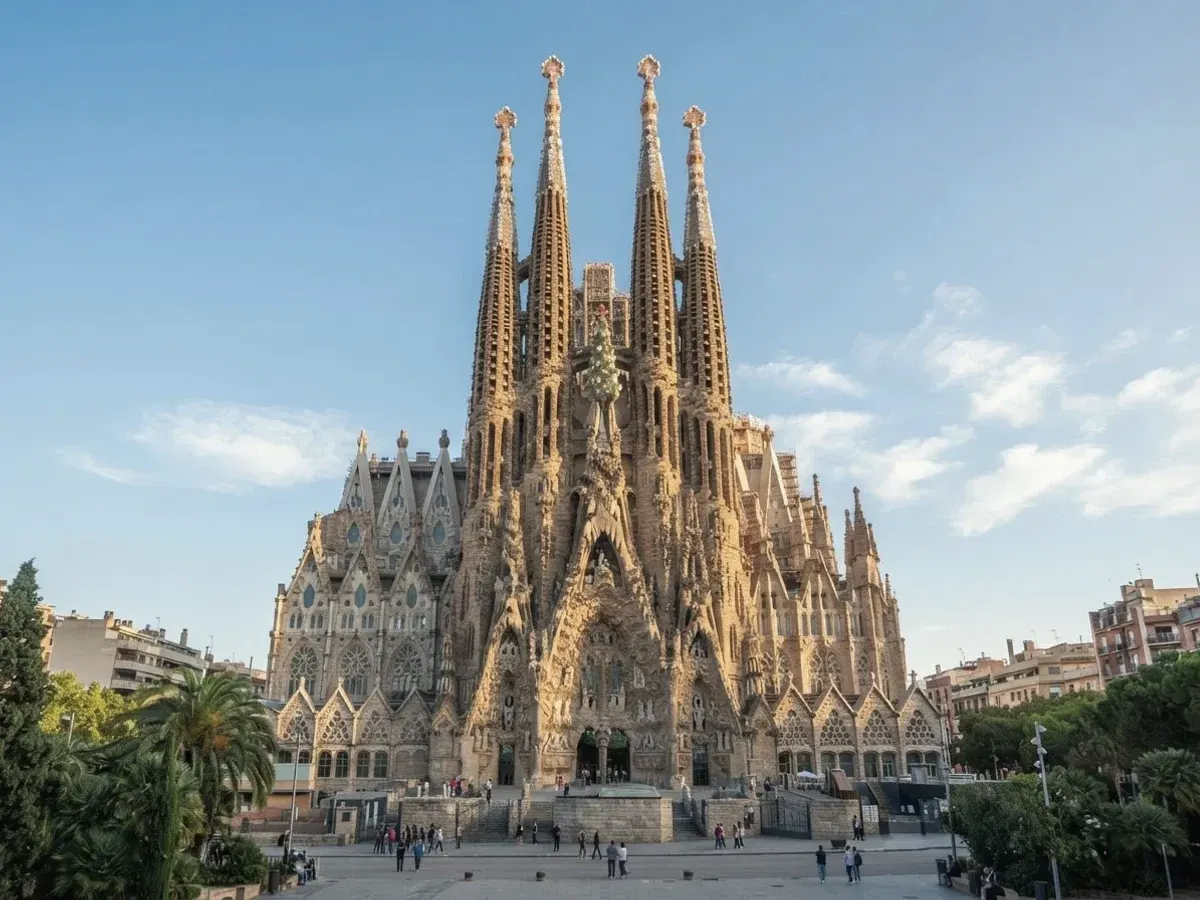 The Sagrada Família facade under a blue sky with a small park in front