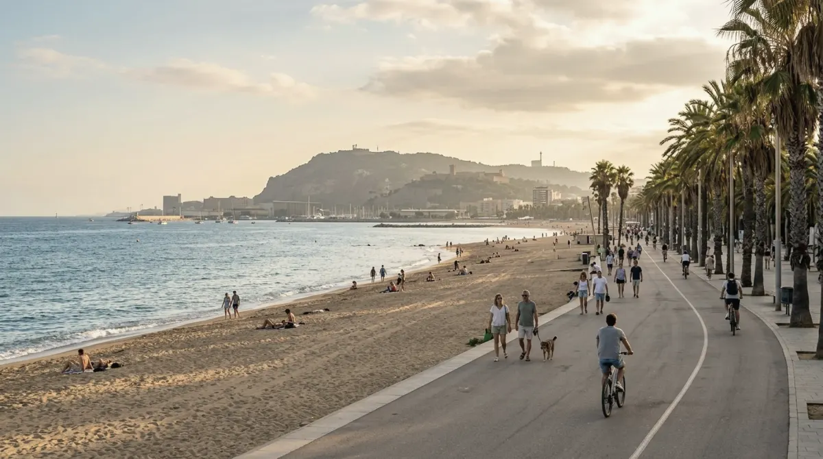 The palm-lined promenade beside Barceloneta beach with walkers and cyclists and Montjuic hill across the water