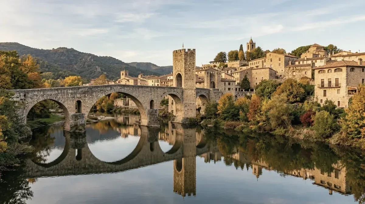 A medieval stone bridge and old town reflected in a river at Besalú