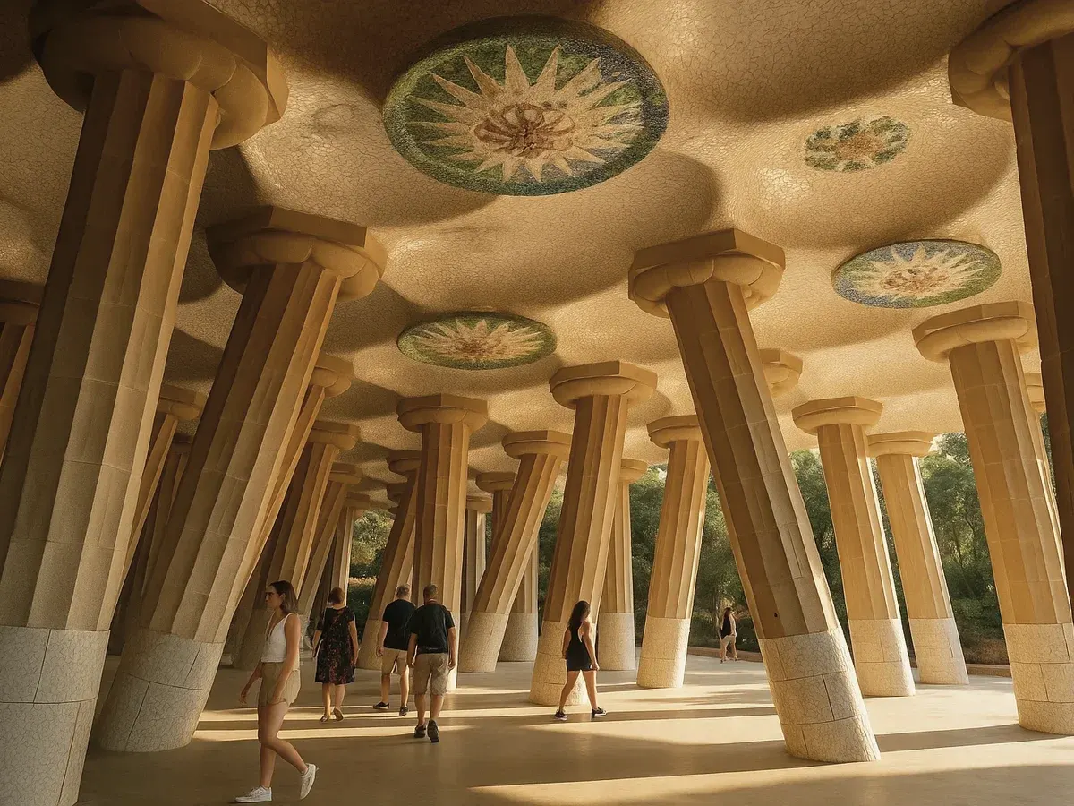 Visitors among the columns and mosaic ceiling of Park Güell