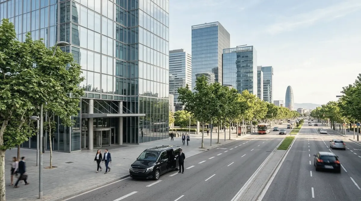 Glass office towers on a tree-lined Barcelona boulevard with Torre Glòries behind and a black van at a tower entrance