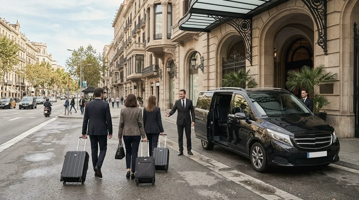 A driver welcoming three business travelers with suitcases at the arched entrance of a grand hotel, a black van at the curb