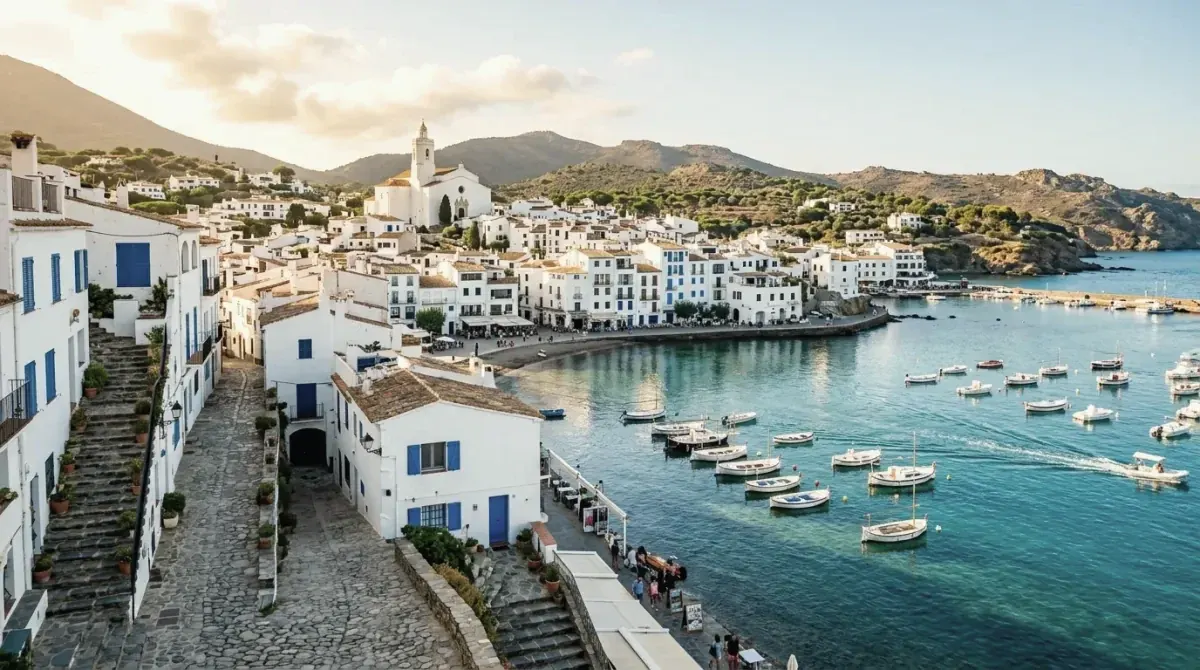 Whitewashed houses and small boats in the bay of Cadaqués