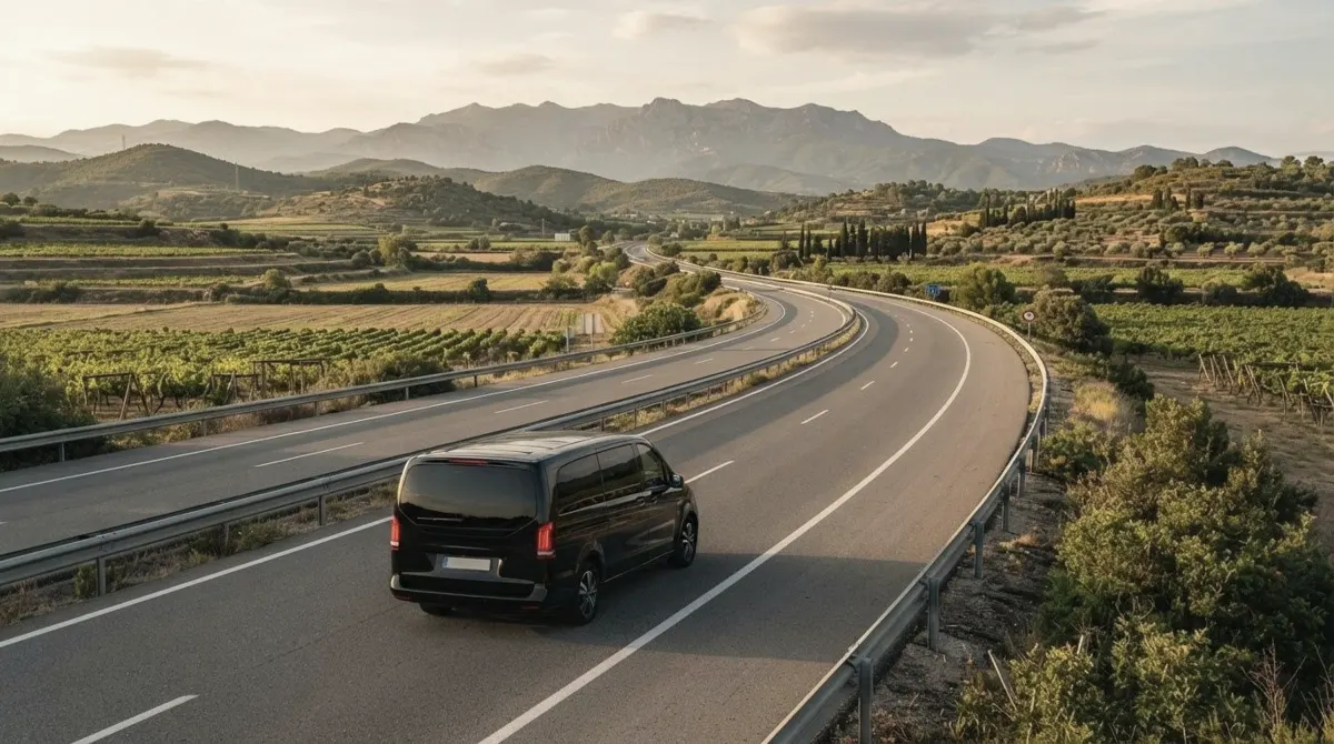 A black van on a curving motorway through vineyards and low hills toward a distant mountain range