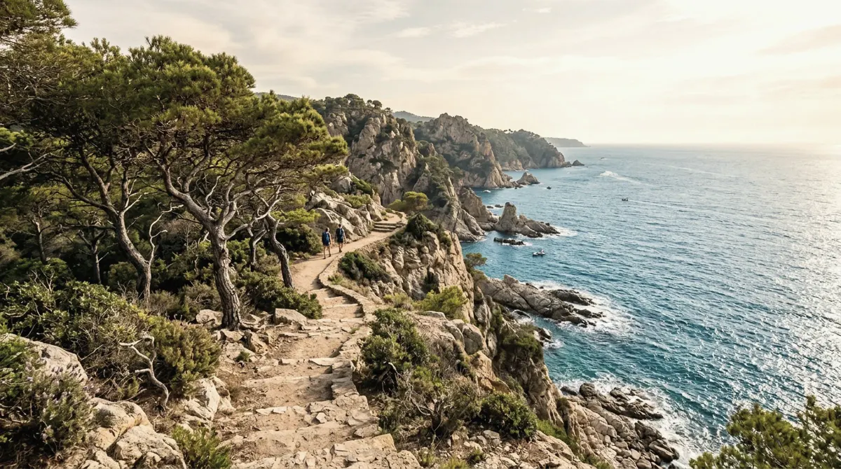 A stone-stepped footpath winding along pine-covered cliffs above the sea, with two walkers in the distance