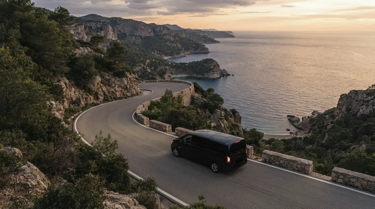 A black van on a winding coastal road high above the sea at sunset, with pine-covered cliffs, coves and headlands below
