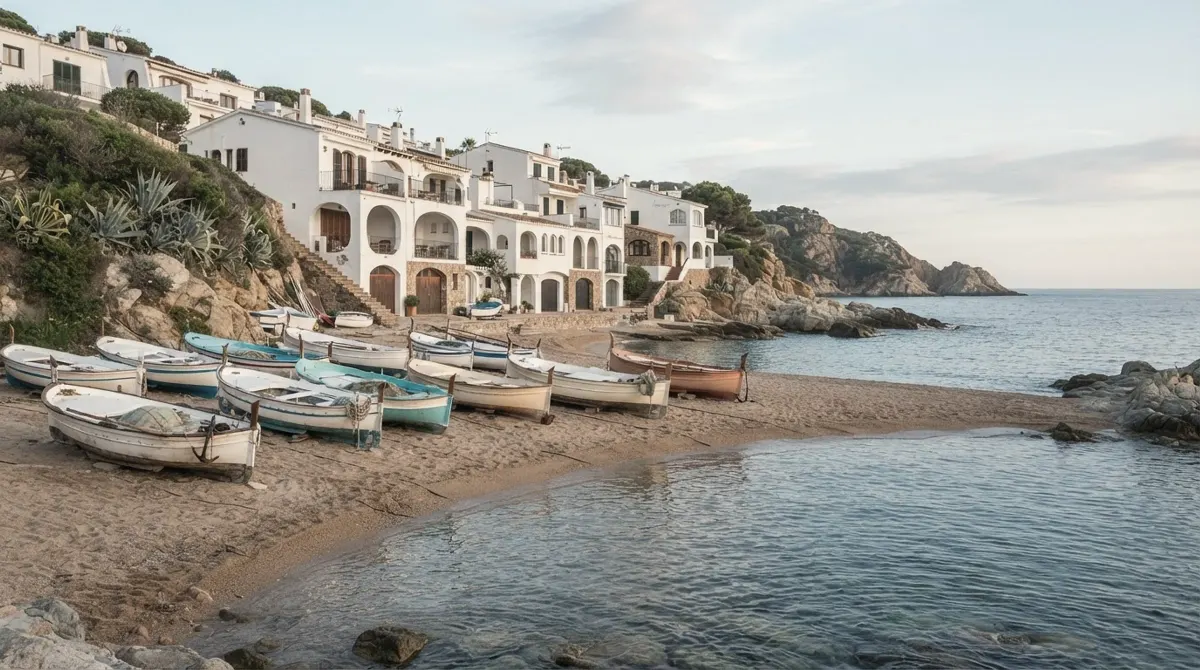 Small wooden fishing boats pulled up on a sandy beach below whitewashed arched houses, with a calm sea and a rocky headland