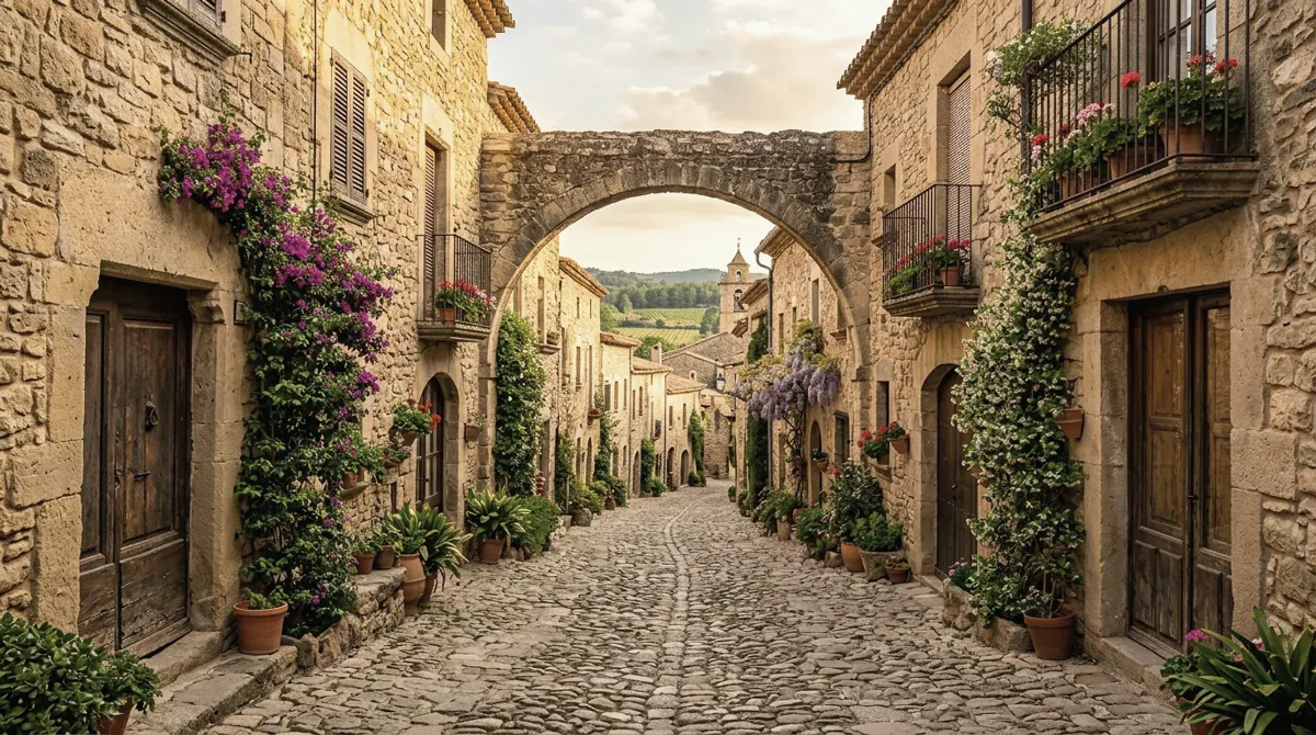 A narrow cobbled lane between honey-colored stone houses, with a stone arch framing the countryside beyond