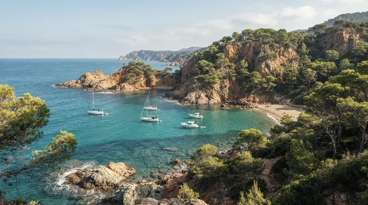 A small turquoise cove framed by umbrella pines and reddish rocks, with a few small boats anchored in the clear water