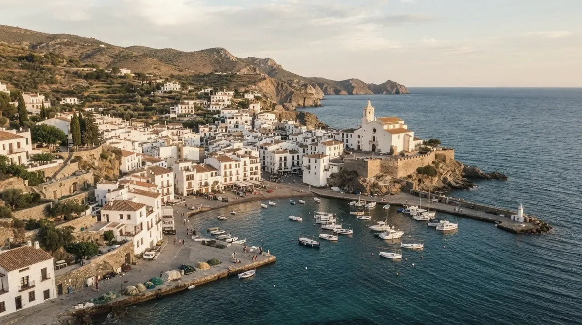 A whitewashed seaside village with a church on a small promontory and houses around a harbor full of small boats