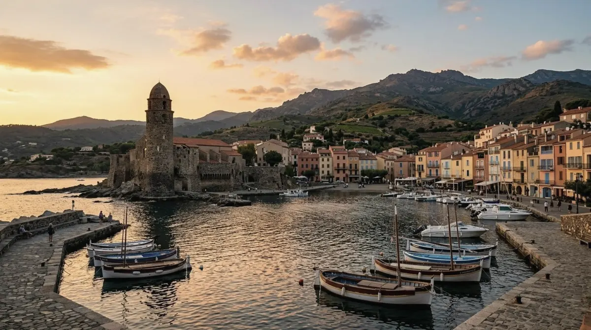 The harbor of Collioure with a round stone church tower at the water's edge, pastel houses and moored fishing boats