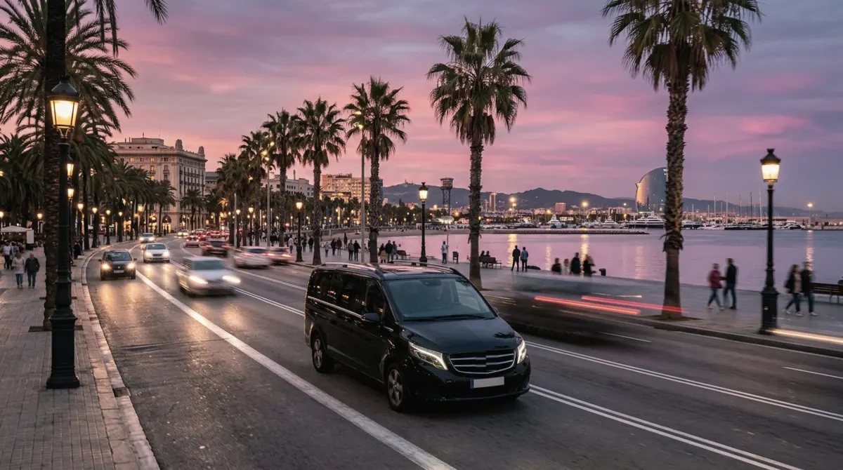 A black van driving along a palm-lined seafront road in Barcelona at dusk with the harbor and city lights behind it