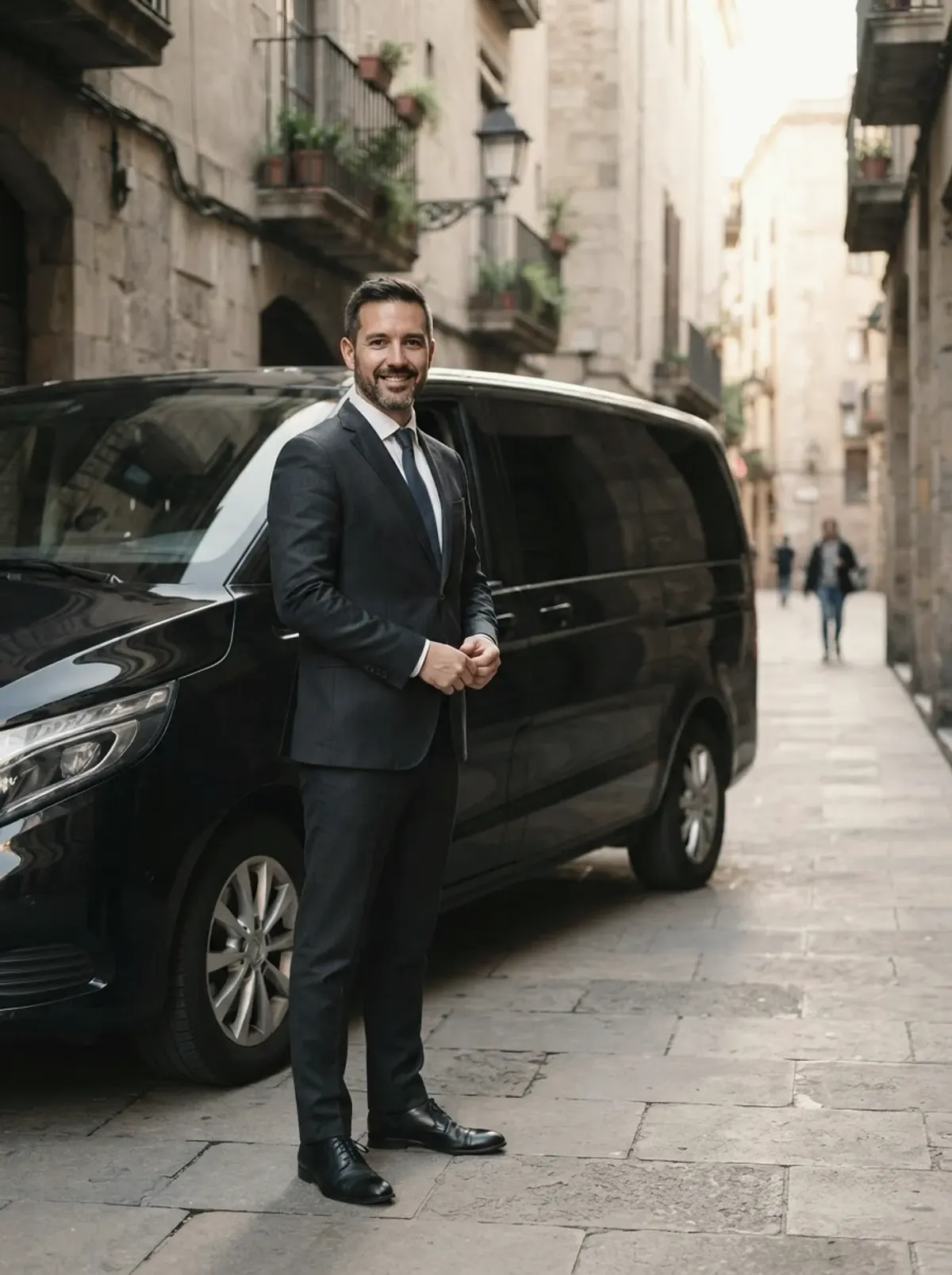 A chauffeur in a dark suit and white shirt standing beside a black van on a sunlit city street