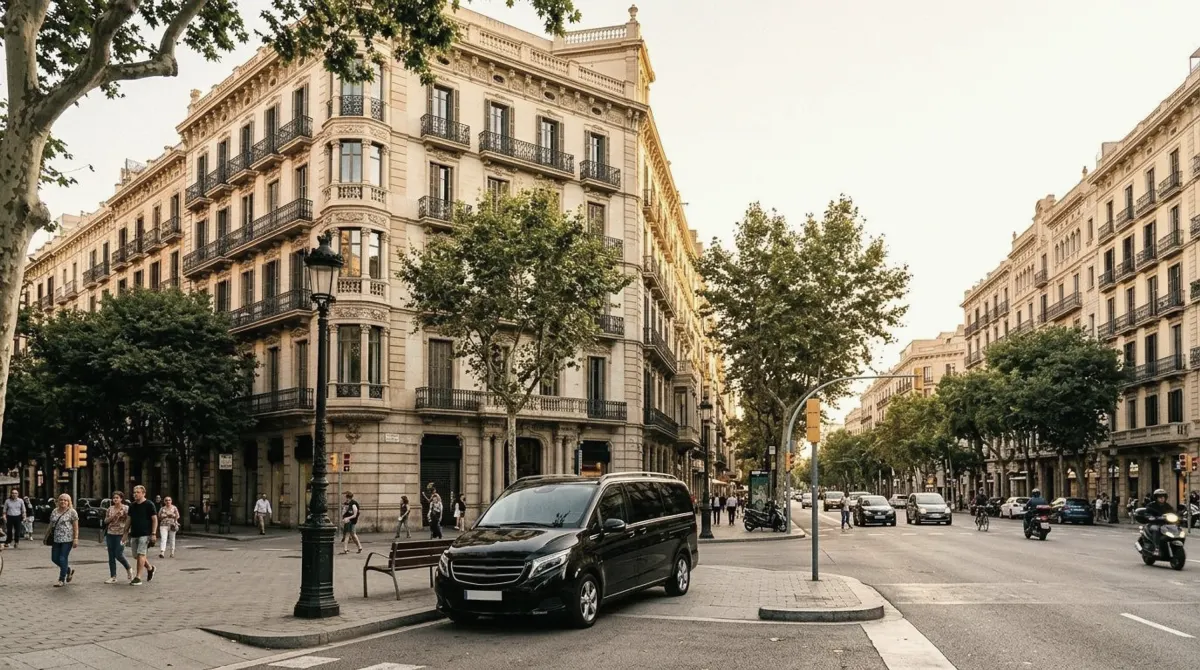 A black van parked at a wide chamfered street corner in Barcelona's Eixample, with tall stone buildings and iron balconies