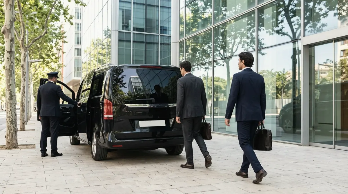 A chauffeur holding the side door of a black van on a paved plaza as two men in suits walk toward a glass office building