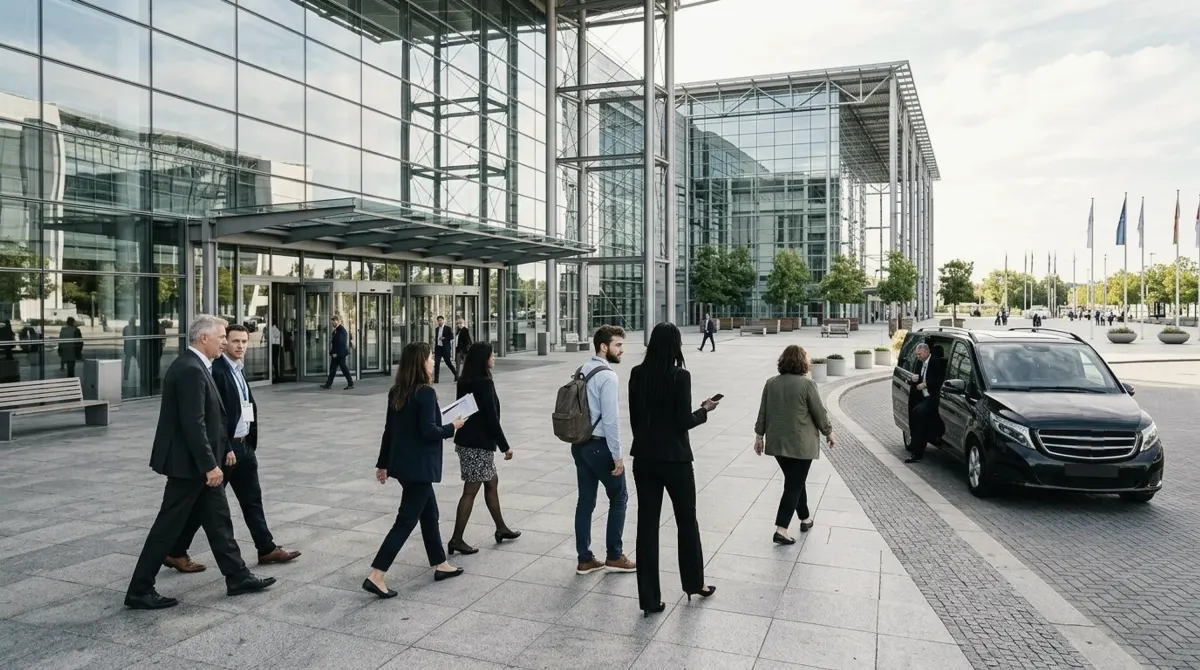 Delegates in business clothes crossing the forecourt of a glass-and-steel convention center beside a black van at the curb