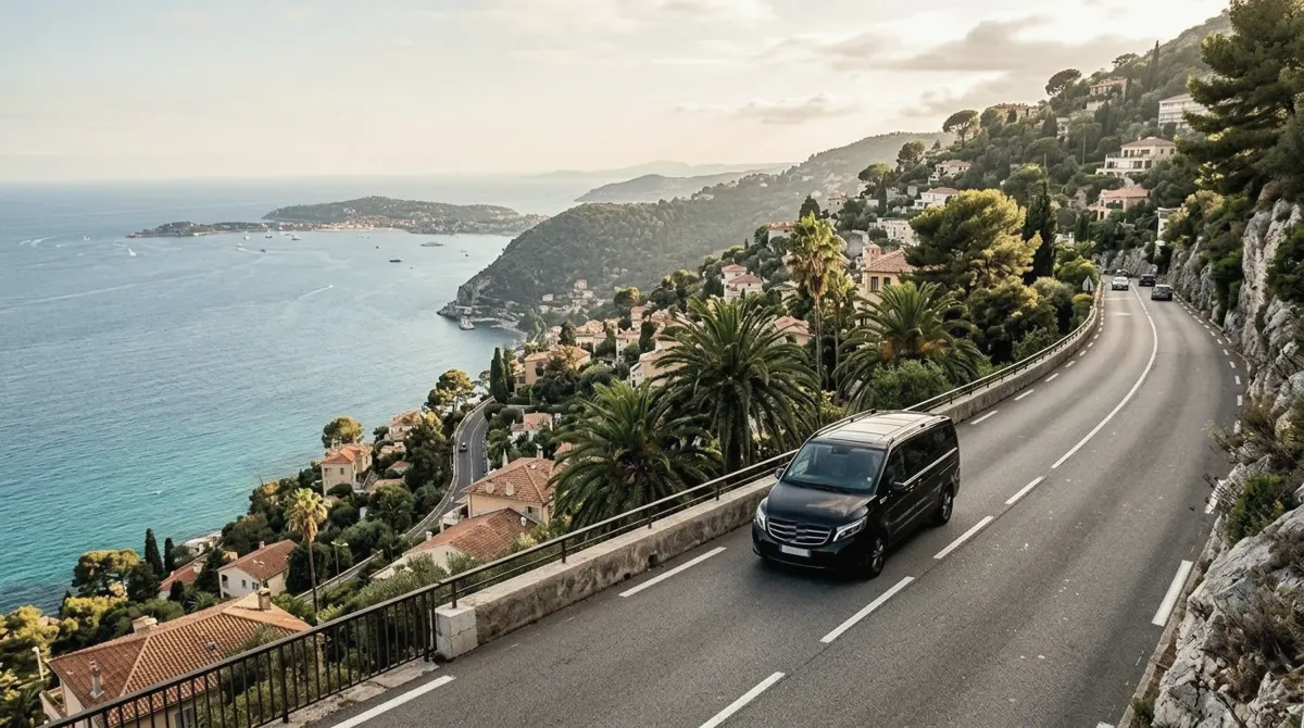 A black van on a cliffside corniche road high above the turquoise Mediterranean, with villas and palm trees below