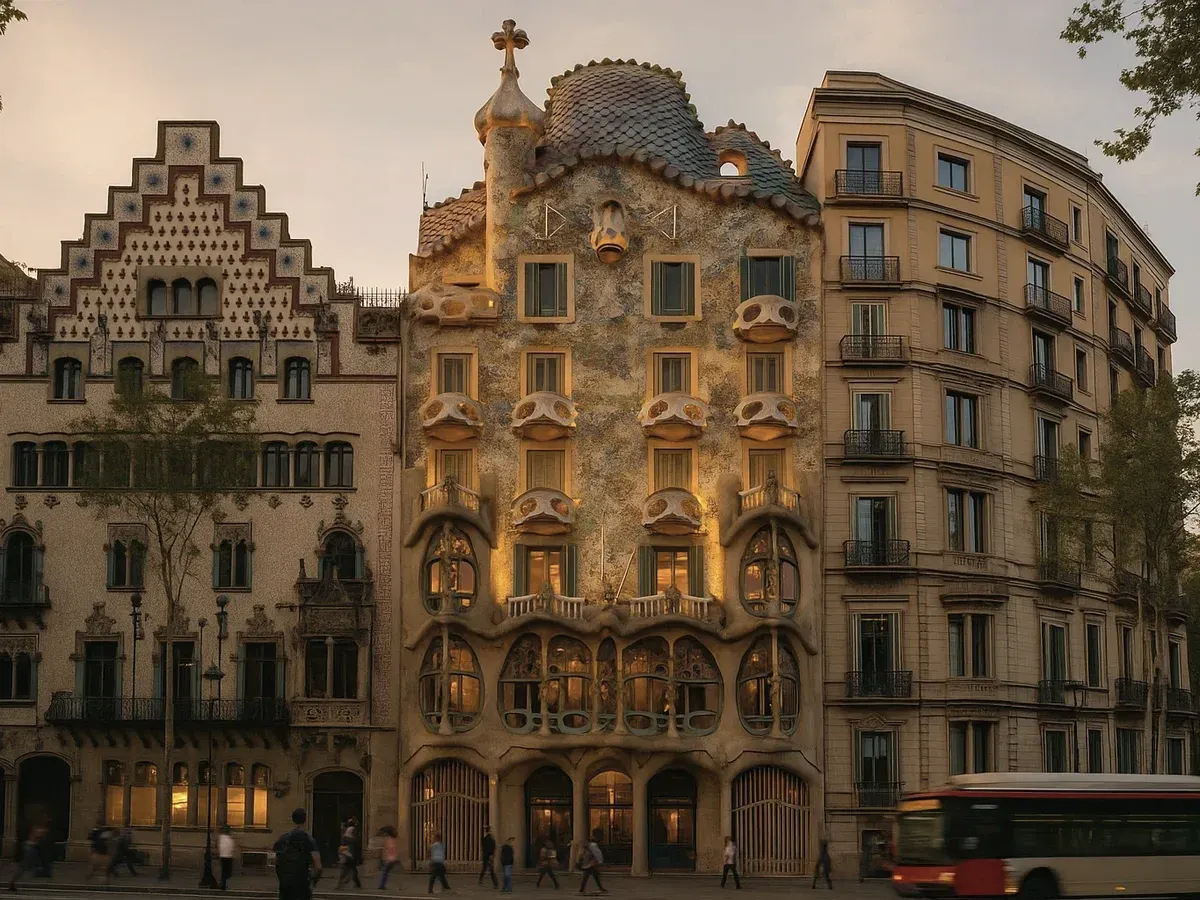 Modernist apartment buildings with ornate facades and balconies on a Barcelona street