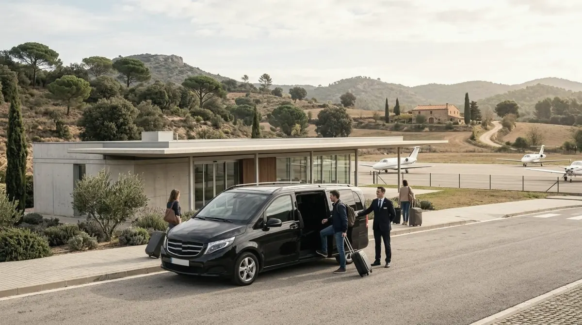 A chauffeur beside a black van with its side door open at the curb of a small airport terminal as travelers board