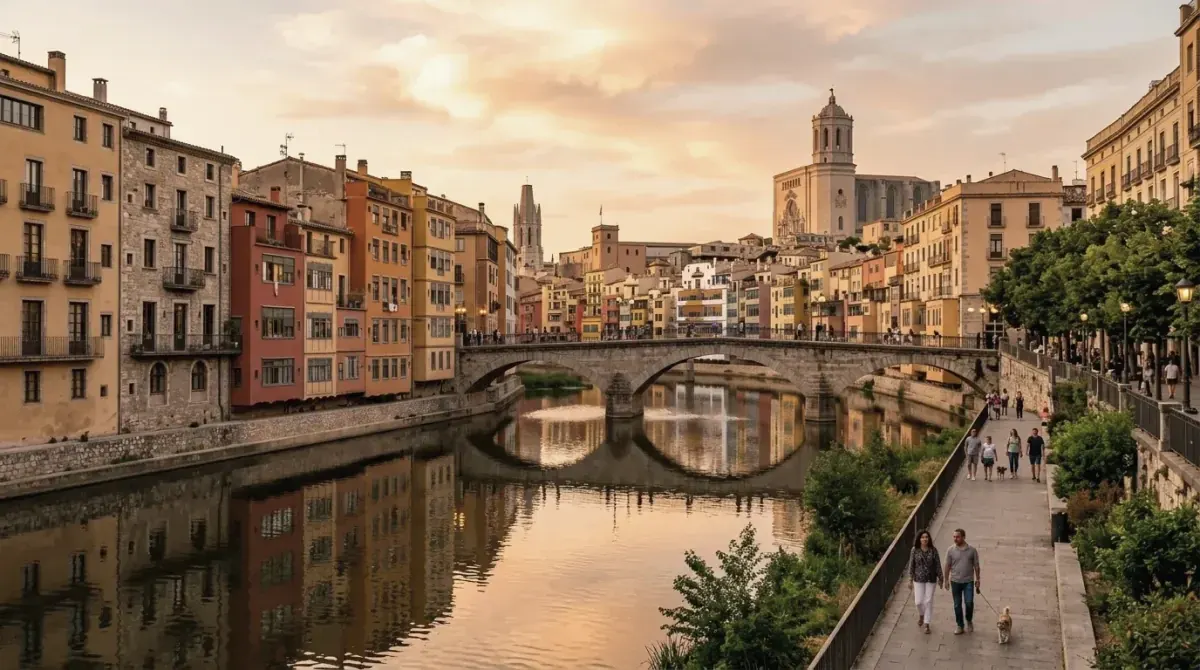 Colorful houses and a stone bridge on the Onyar River in Girona
