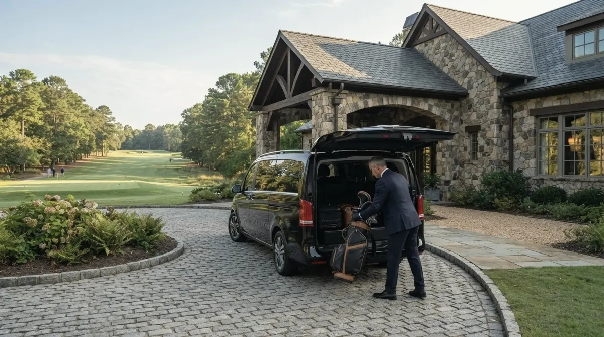 A chauffeur in a dark suit lifting a golf bag beside the open rear of a black van at a golf clubhouse entrance