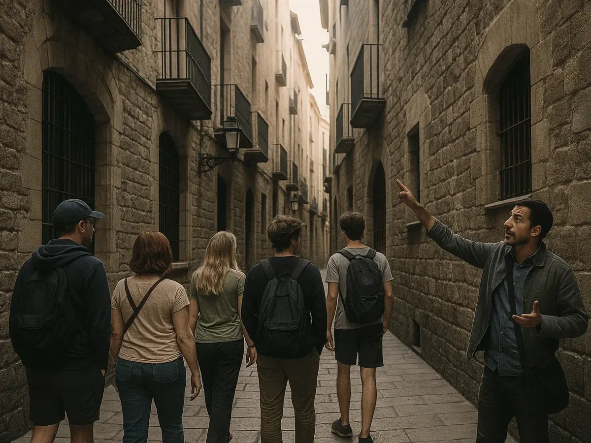 A guide pointing out a detail to a small group in a narrow stone street of the Gothic Quarter