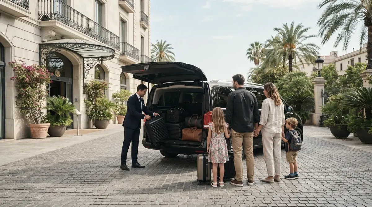 A family of four waiting with suitcases as a driver loads bags into a black van on the forecourt of a stone hotel