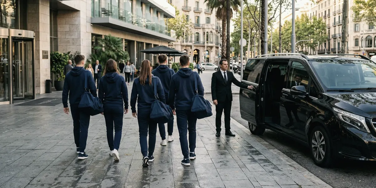 Five young people in matching navy tracksuits with kit bags walking toward a black van outside a modern hotel