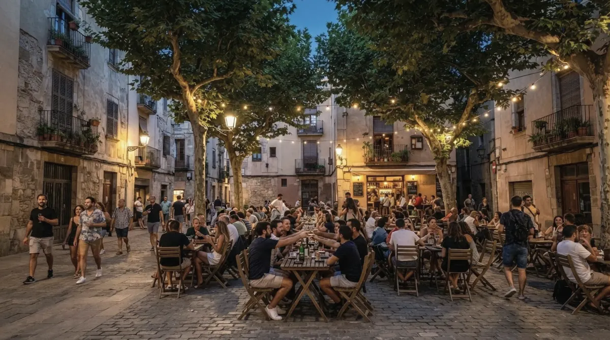 A small cobbled square in Barcelona's Gracia district with plane trees, string lights and busy cafe terraces