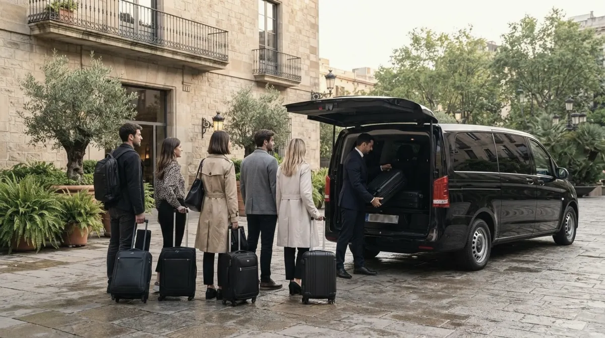 A chauffeur loading a suitcase into a black van as travelers with rolling suitcases wait on a cobbled forecourt