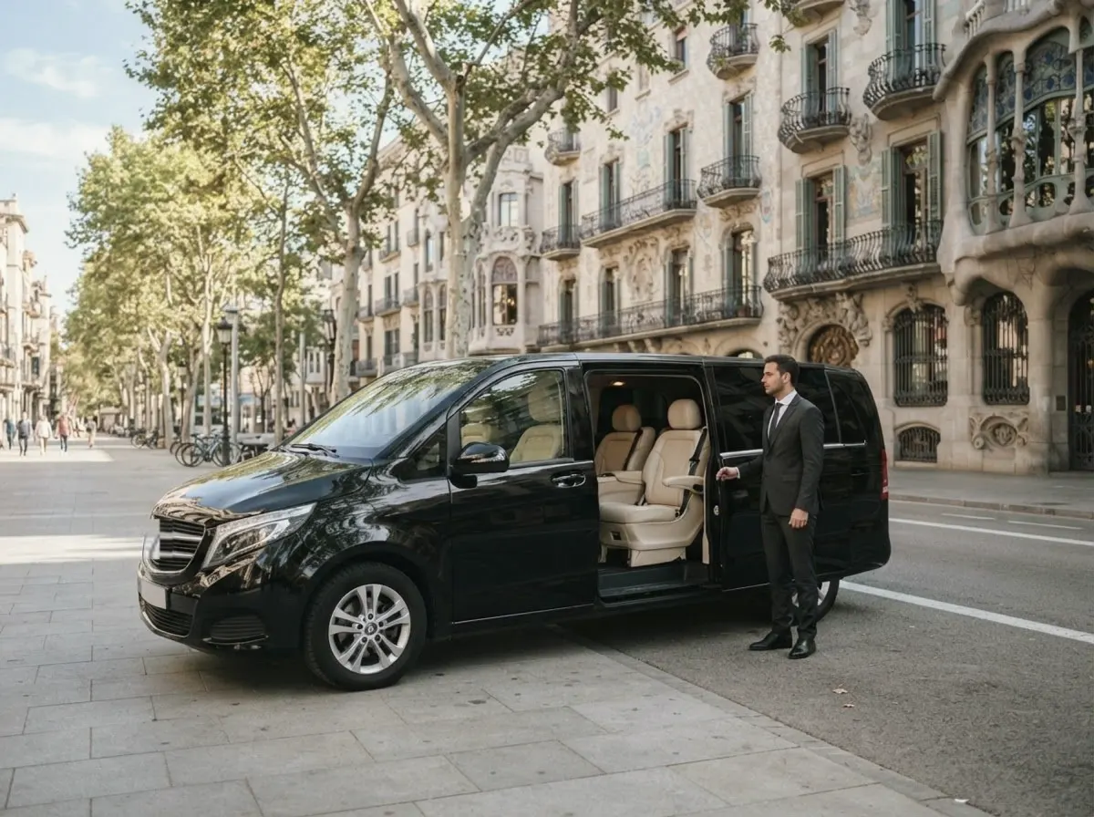 A chauffeur in a dark suit holding the sliding door of a black van open at the curb of a sunny tree-lined Eixample avenue, with cream leather seats inside